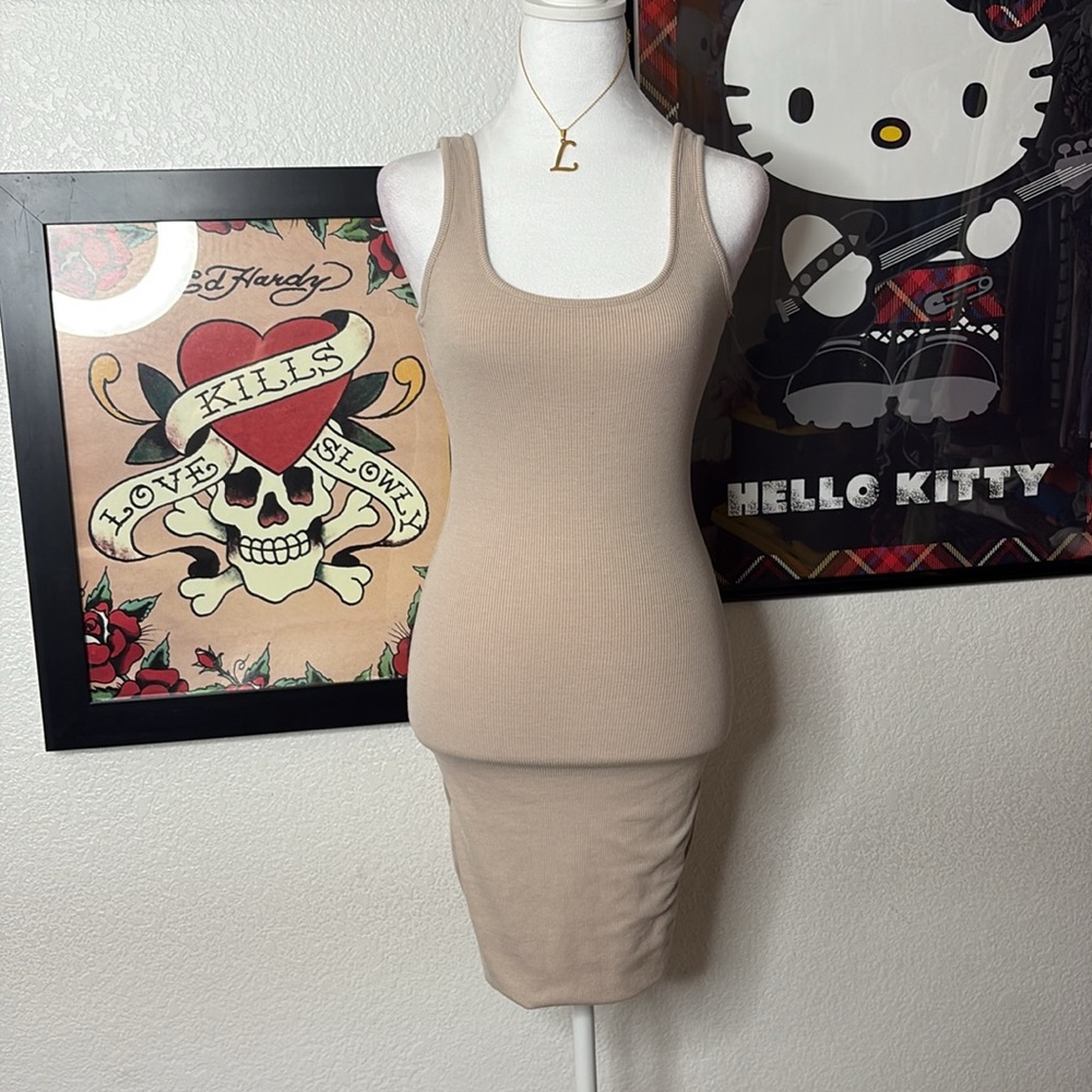Love Tree Tan Ribbed Tank Mini Dress Bodycon Neutral Basics Sleeveless Casual